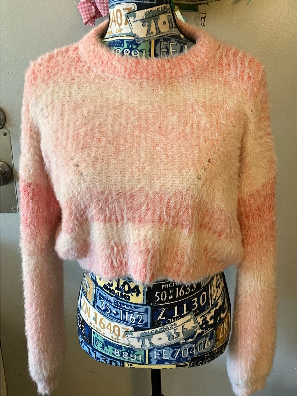 wild fable Fuzzy Pink & Cream Striped Crewneck Sweater - Picture 1 of 4